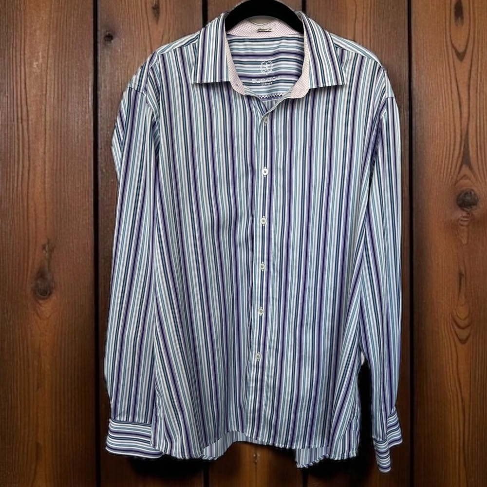 💜 EUC BUGATCHI UOMO Striped Button Down Shirt|Purple Black Green Blue | Men’s XL
